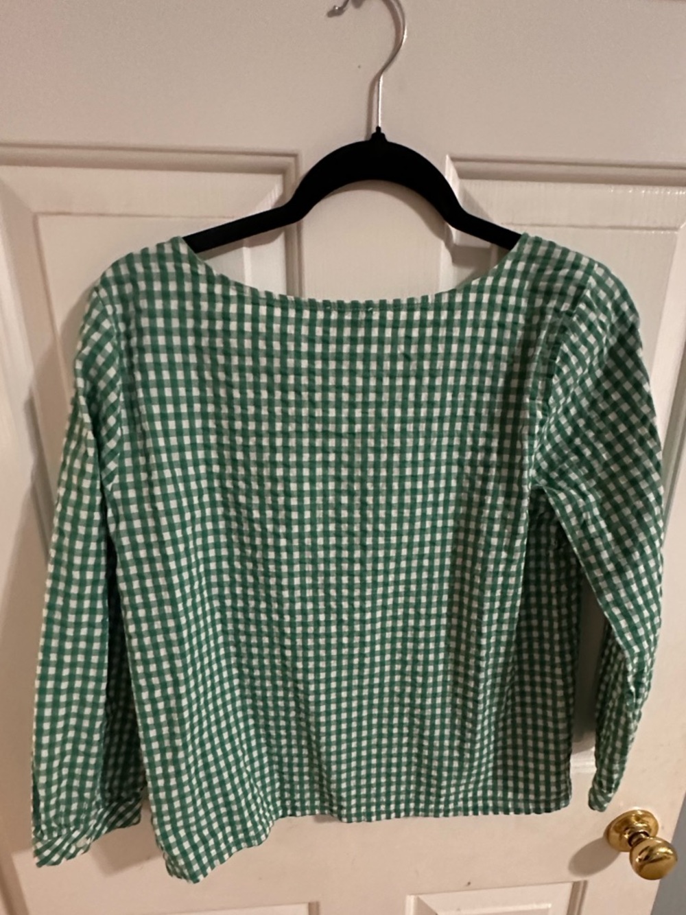 J.Crew Seersucker Gingham Peasant Top In Green And White Size Small - Picture 5 of 6